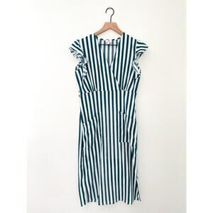 River Island Stripe Midi Dress Size 10 Petite Ruffle Sleeve Faux Wrap